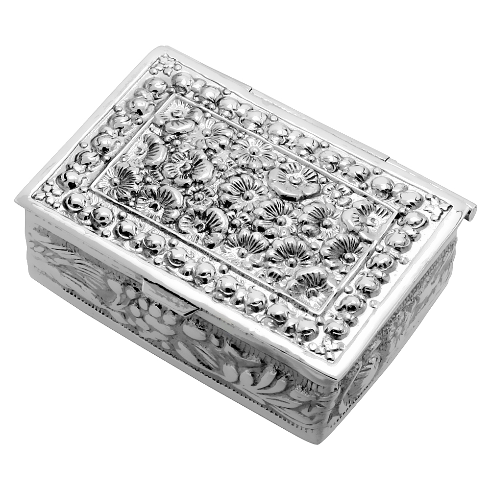 Sterling Silver Pill Box Floral Embossed Rectangular Shape 1 1/2 x 1 1/8 inch