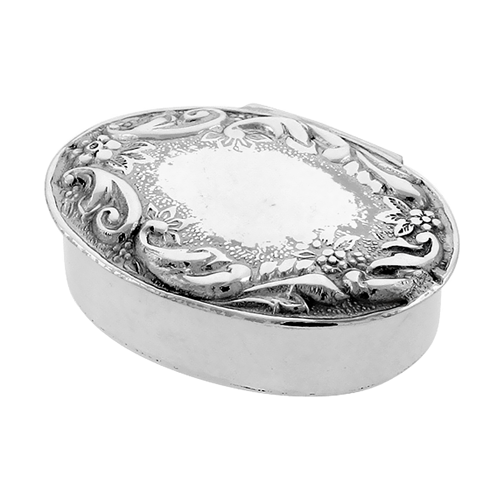 Sterling Silver Pill Box Oval Shape Embossed Victorian Style 1 5/16 x 7/8 inch