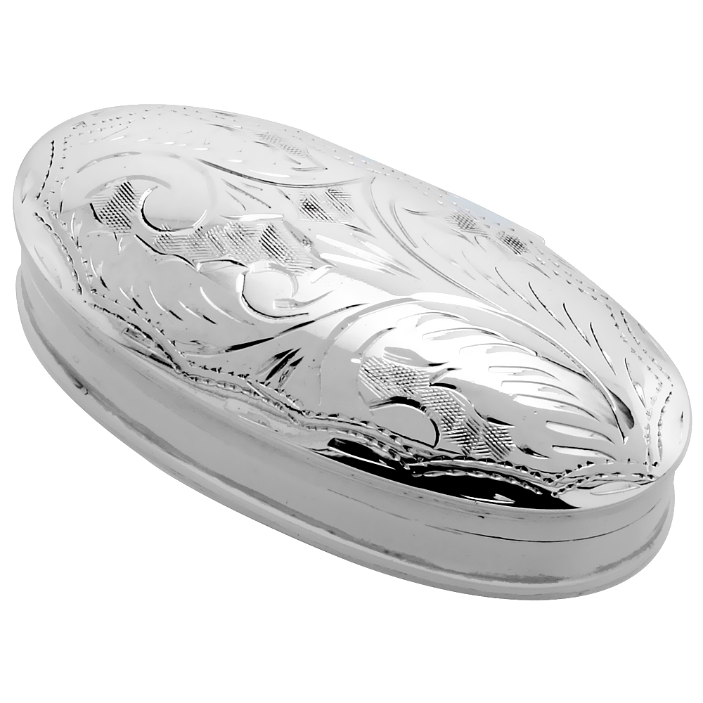 Sterling Silver Pill Box Elongated Oval Shape Engraved Design 2 x 1 inch