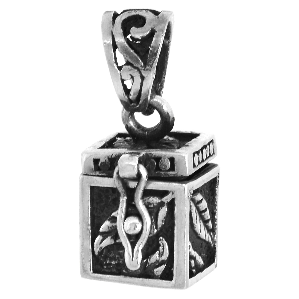 Sterling Silver Prayer Box Pendant Leaves Motif 3/8 inch