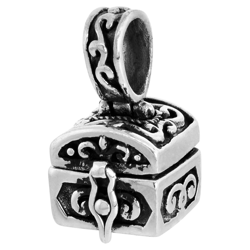 Sterling Silver Prayer Box Pendant Chest Shaped Floral Design 3/8 inch