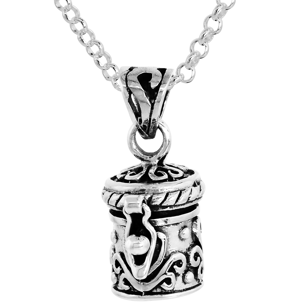 Sterling Silver Prayer Box Necklace Floral Design 1/2 inch with 2mm Rolo Chain