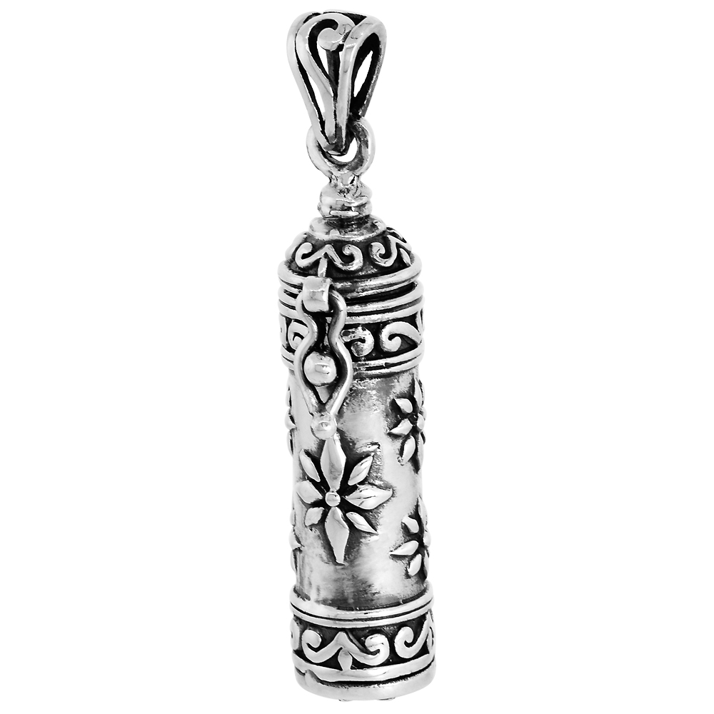 Sterling Silver Prayer Box Pendant Tubular Shape floral Design 1.25 inch