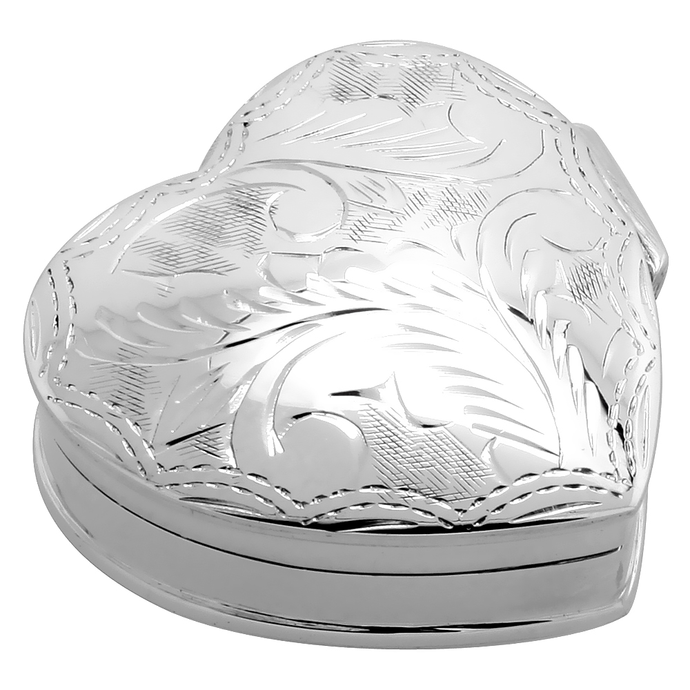 Sterling Silver Pill Box Heart Shape Engraved Finish 1 1/4 x 1 1/4 inch
