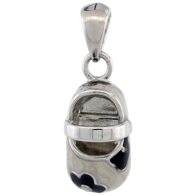 Sterling Silver Floral White &amp; Black Enamel Baby Shoe Pendant, 9/16 in. (15 mm) tall