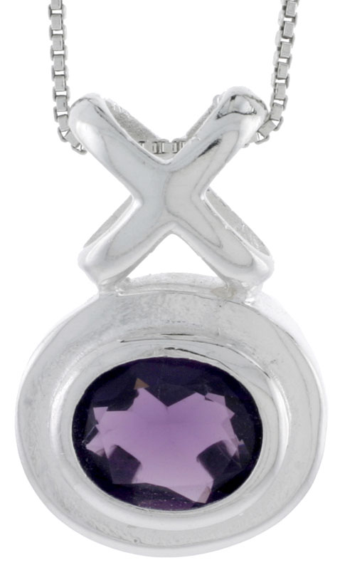 High Polished Sterling Silver 1 1/16&quot; (28 mm) tall Hugs &amp; Kisses Pendant, w/ Oval Cut 11x9mm Amethyst-colored CZ Stone, w/ 18&quot; Thin Box Chain