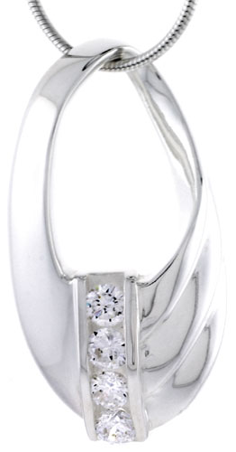Sterling Silver High Polished Oval Slider Pendant, w/ Four 4mm CZ Stones, 1 5/16&quot; (33 mm) tall, w/ 18&quot; Thin Snake Chain