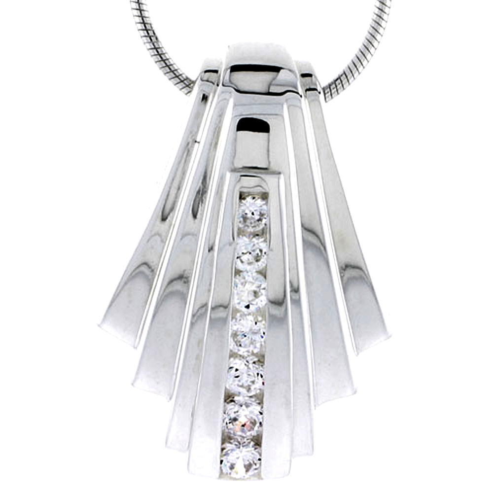 Sterling Silver High Polished Fan-shaped Slider Pendant, w/ Graduated CZ Stones, 1 1/16&quot; (27 mm) tall, w/ 18&quot; Thin Snake Chain