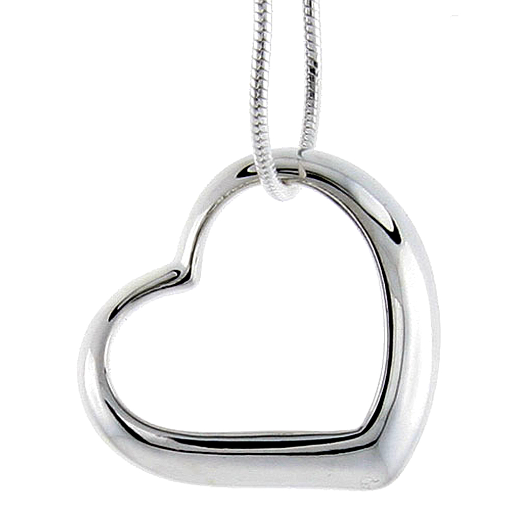 Beautiful Sterling Silver Classic Valentine Floating Heart Necklace, 7/8 x 1 inch