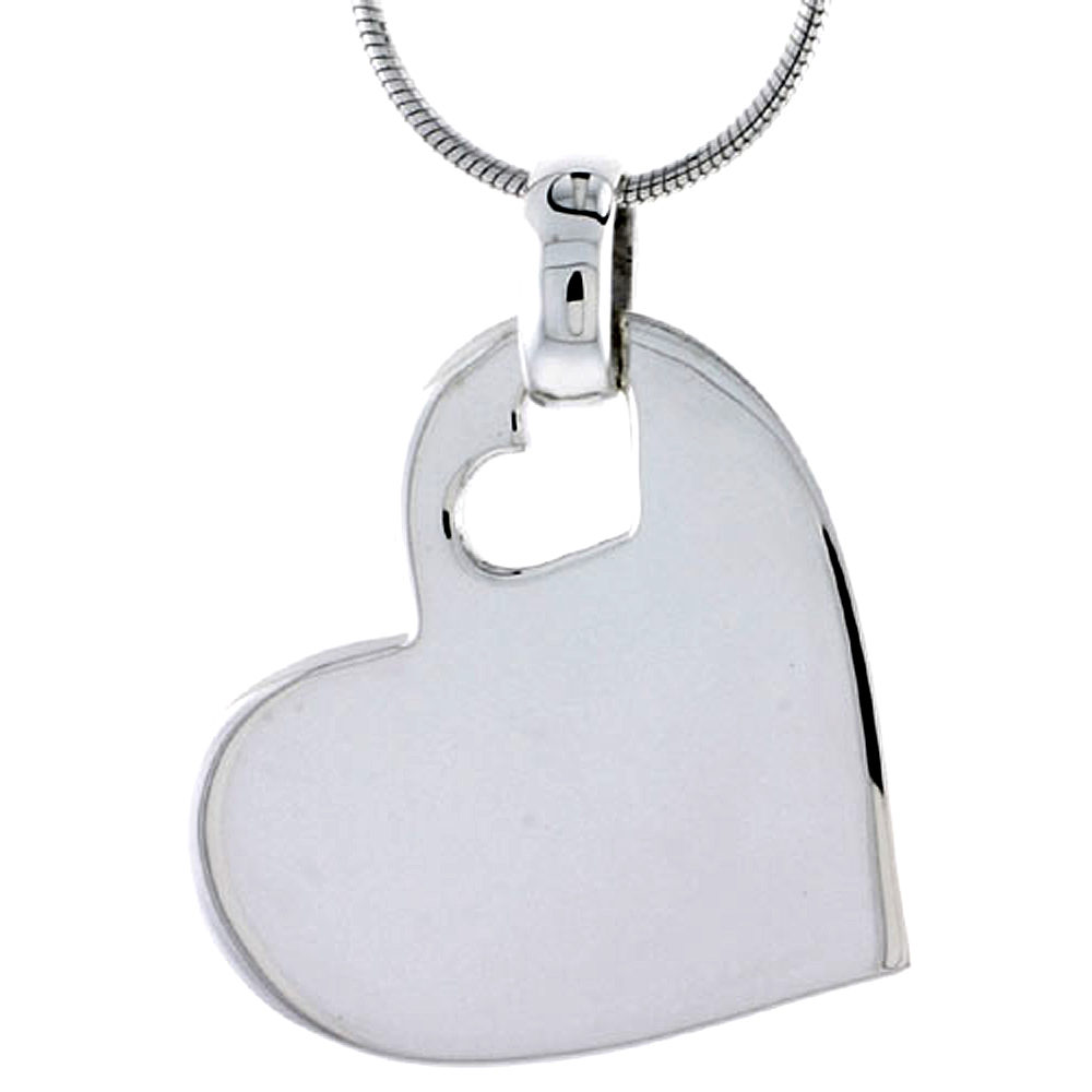 Sterling Silver High Polished Heart Pendant, w/ Small Cut Out, 15/16" (24 mm) tall, w/ 18" Thin Snake Chain