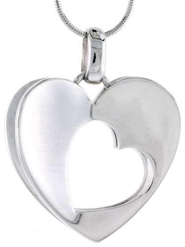Sterling Silver High Polished 3D Heart Pendant w/ Cut Out, 1 1/8&quot; (29 mm) tall, w/ 18&quot; Thin Snake Chain