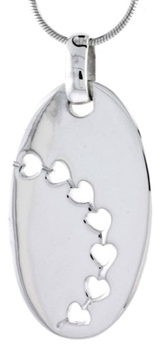 Sterling Silver High Polished Oval Pendant, w/ Heart Cut Out Series, 1 5/8&quot; (35 mm) tall, w/ 18&quot; Thin Snake Chain