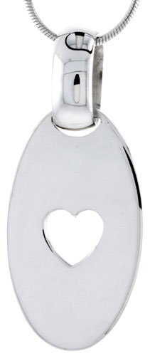 Sterling Silver High Polished Oval Pendant, w/ Heart Cut Out, 1 1/4" (32 mm) tall, w/ 18" Thin Snake Chain