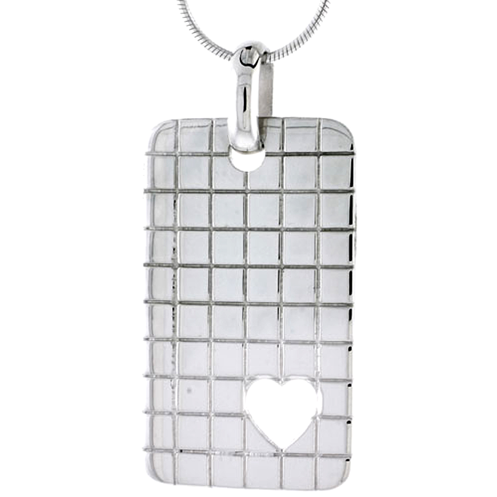 Sterling Silver High Polished Checker Board Pattern Rectangular Pendant, w/ Heart Cut Out, 1 5/8" (35 mm) tall, w/ 18" Thin Snak