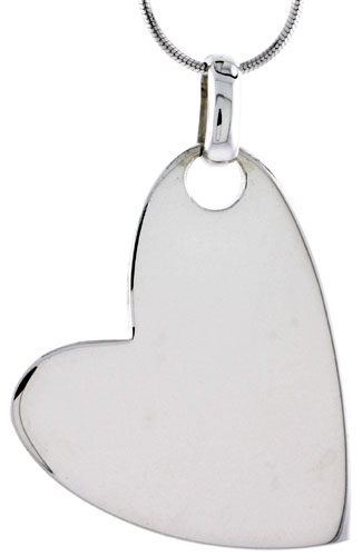 Sterling Silver High Polished Solid Fancy Heart Pendant, 1 1/2&quot; (38 mm) tall, w/ 18&quot; Thin Snake Chain