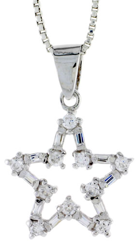 Sterling Silver Cut Out Star Pendant w/ Baguette & Round CZ Stones, 3/4" (19 mm) tall