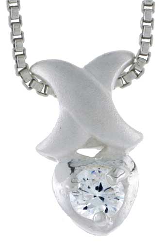High Polished Sterling Silver 1/2&quot; (13 mm) tall Teeny Heart Pendant, w/ 3mm Brilliant Cut CZ Stone, w/ 18&quot; Thin Box Chain