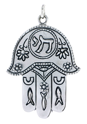 Sterling Silver Hamsa &quot;Hand of God&quot; Pendant, 1 5/8&quot; (41 mm) tall