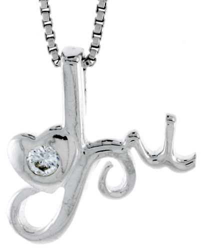 High Polished Sterling Silver 3/4&quot; (19 mm) tall &quot;I Love You&quot; Heart Pendant, w/ 3mm Brilliant Cut CZ Stone, w/ 18&quot; Thin Box Chain