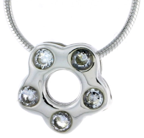 High Polished Sterling Silver 7/16&quot; (11 mm) tall Flower Pendant Slide, w/ Five 2mm Brilliant Cut CZ Stones, w/ 18&quot; Thin Box Chain