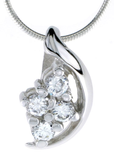 High Polished Sterling Silver 3/4&quot; (19 mm) tall Cluster Pendant, w/ Four 4mm Brilliant Cut CZ Stones, w/ 18&quot; Thin Box Chain