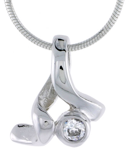 High Polished Sterling Silver 9/16&quot; (15 mm) tall Freeform Pendant, w/ 3mm Brilliant Cut CZ Stone, w/ 18&quot; Thin Box Chain