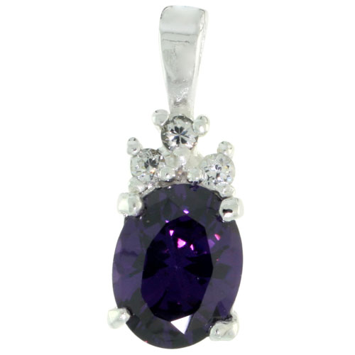 Sterling Silver Oval-shaped February Birthstone CZ Pendant, w/ 9x7mm Oval Cut Amethyst-colored Stone &amp; Brilliant Cut Clear Stones, w/ 18&quot; Thin Box Chain