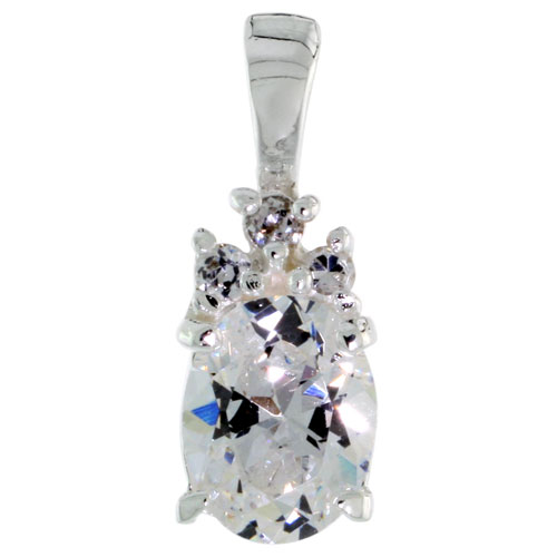 Sterling Silver Oval-shaped April Birthstone CZ Pendant, w/ Brilliant Cut &amp; 9x7mm Oval Cut Clear Stones, w/ 18&quot; Thin Box Chain