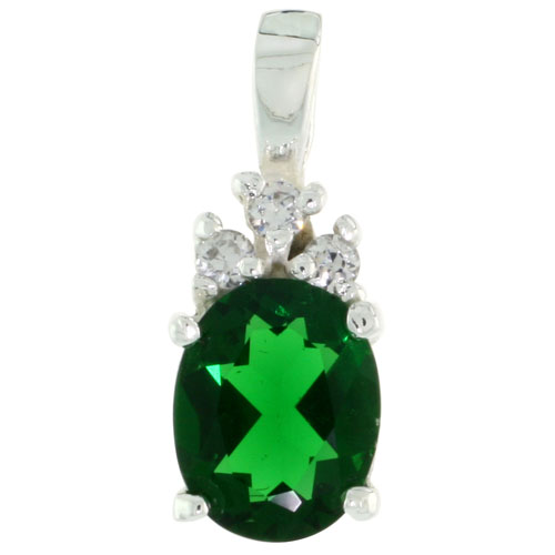 Sterling Silver Oval-shaped May Birthstone CZ Pendant, w/ 9x7mm Oval Cut Emerald-colored Stone &amp; Brilliant Cut Clear Stones, w/ 18&quot; Thin Box Chain