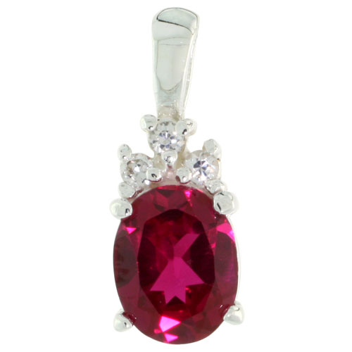 Sterling Silver Oval-shaped July Birthstone CZ Pendant, w/ 9x7mm Oval Cut Ruby-colored Stone &amp; Brilliant Cut Clear Stones, w/ 18&quot; Thin Box Chain