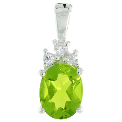 Sterling Silver Oval-shaped August Birthstone CZ Pendant, w/ 9x7mm Oval Cut Peridot-colored Stone &amp; Brilliant Cut Clear Stones, w/ 18&quot; Thin Box Chain