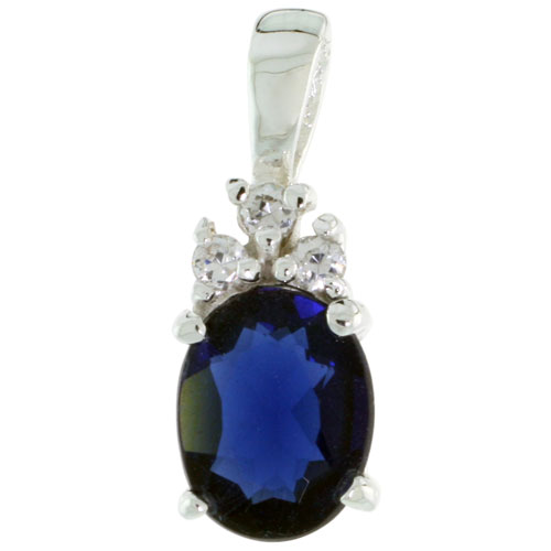 Sterling Silver Oval-shaped September Birthstone CZ Pendant, w/ 9x7mm Oval Cut Blue Sapphire-colored Stone &amp; Brilliant Cut Clear Stones, w/ 18&quot; Thin Box Chain