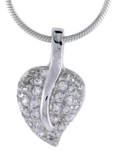 High Polished Sterling Silver 3/4&quot; (19 mm) tall Heart Pendant, w/ 1.5mm Brilliant Cut CZ Stones, w/ 18&quot; Thin Box Chain