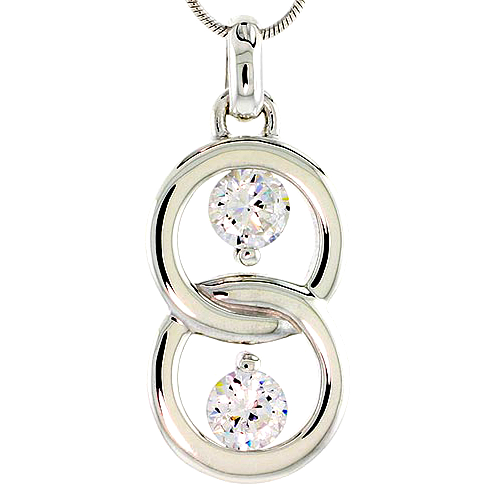 Sterling Silver Overlapping Circles Pendant w/ 6mm High Quality CZ Stones, 1 1/8" (29 mm) tall