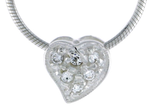 High Polished Sterling Silver 3/8&quot; (9 mm) tall Teeny Heart Pendant Slide, w/ Six 2mm Brilliant Cut CZ Stones, w/ 18&quot; Thin Box Chain