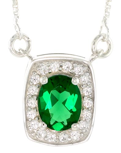 Sterling Silver Journey Pendant w/ 9x7mm Oval Cut Synthetic Emerald &amp; High Quality CZ Stones, 9/16&quot; (15 mm) tall