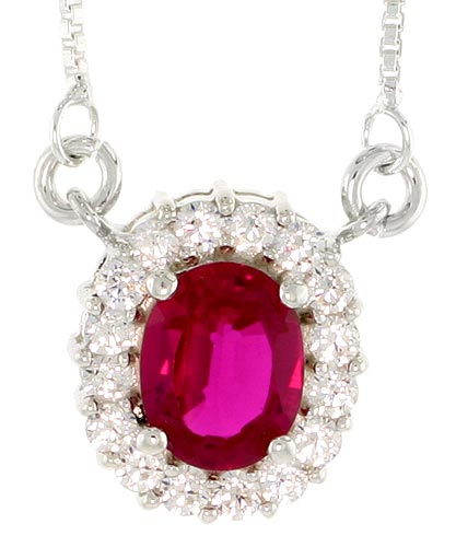 Sterling Silver Journey Pendant w/ 9x7mm Oval Cut Synthetic Ruby &amp; High Quality CZ Stones, 9/16&quot; (14 mm) tall