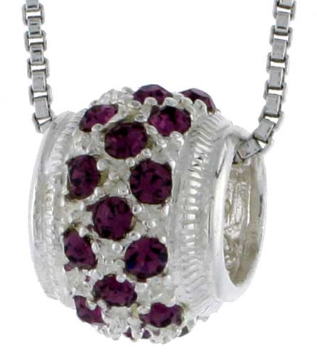 High Polished Sterling Silver 7/16&quot; (11 mm) tall Bead Charm, w/ Brilliant Cut CZ Stones, w/ 18&quot; Thin Box Chain