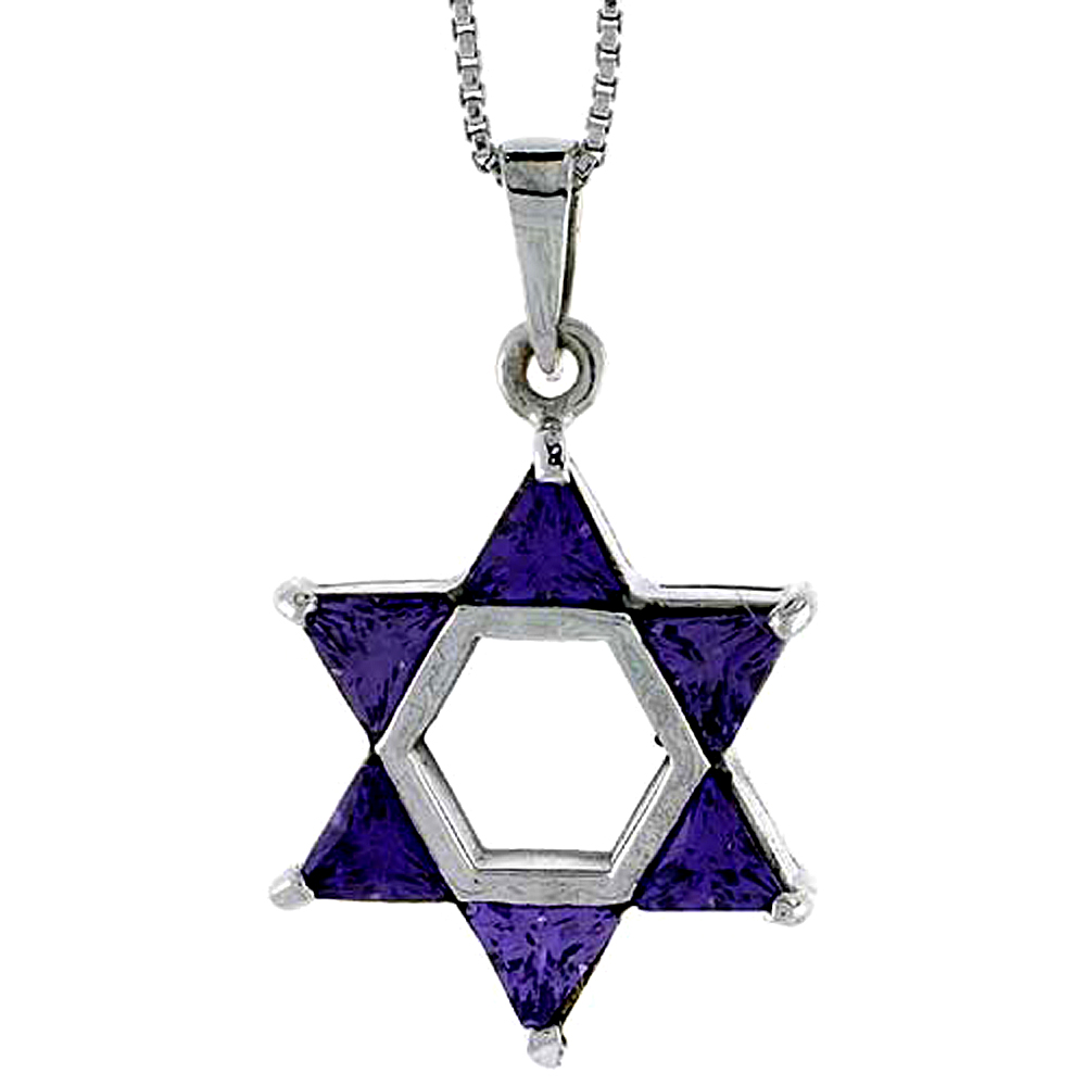 High Polished Sterling Silver 1&quot; (25 mm) tall Jewish Star of David Pendant, w/ Six 5mm Trillion Amethyst-colored CZ Stones, w/ 1