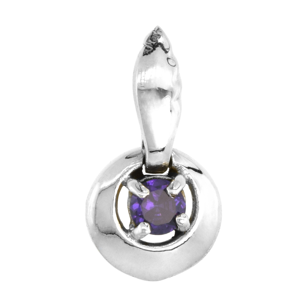 High Polished Sterling Silver 7/8&quot; (22 mm) Round Pendant, w/ 5mm Brilliant Cut Amethyst-colored CZ Stone, w/ 18&quot; Thin Box Chain