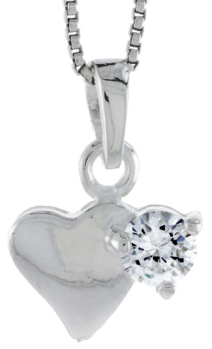 High Polished Sterling Silver 9/16&quot; (14 mm) tall Heart Pendant, w/ 5mm Brilliant Cut CZ Stone, w/ 18&quot; Thin Box Chain