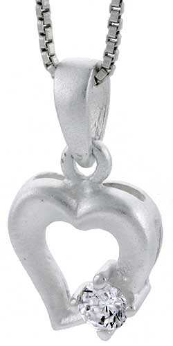 High Polished Sterling Silver 5/8&quot; (16 mm) tall Fancy Heart Cut Out Pendant, w/ 4mm Brilliant Cut CZ Stone, w/ 18&quot; Thin Box Chain