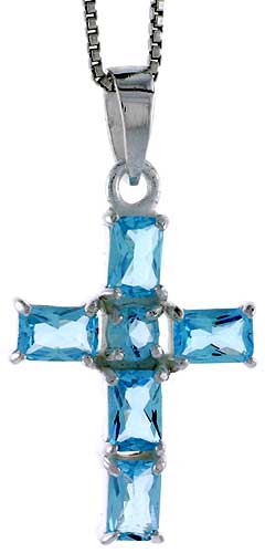 High Polished Sterling Silver 1 1/8&quot; (29 mm) tall Cross Pendant, w/ one 4mm Brilliant Cut &amp; five 6x4mm Emerald Cut Blue Topaz-colored CZ Stones, w/ 18&quot; Thin Box Chain