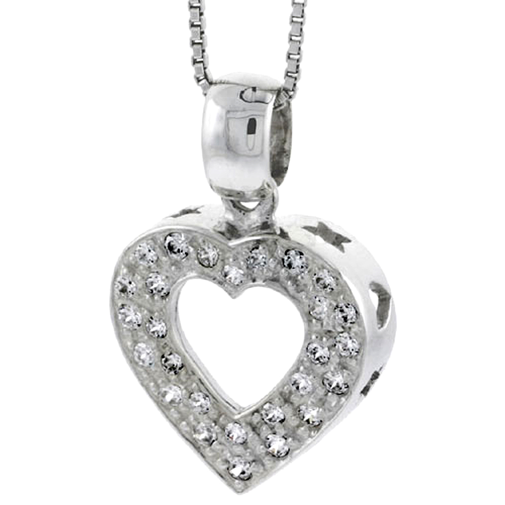 High Polished Sterling Silver 3/4&quot; (18 mm) tall Heart Cut Out Pendant, w/ Brilliant Cut CZ Stones, w/ 18&quot; Thin Box Chain