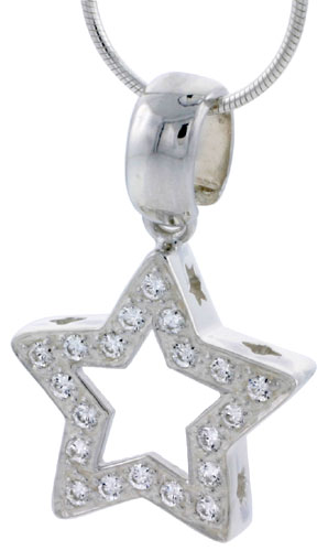 High Polished Sterling Silver 13/16&quot; (21 mm) tall Star Cut Out Pendant, w/ 1.5mm Brilliant Cut CZ Stones, w/ 18&quot; Thin Box Chain