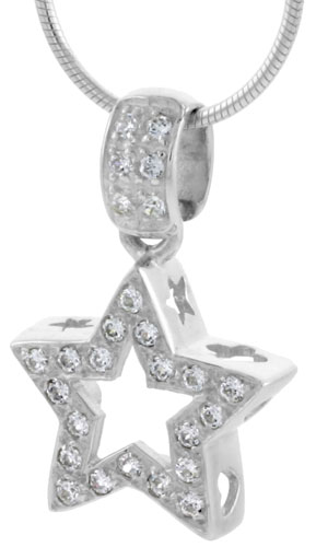 High Polished Sterling Silver 11/16&quot; (17 mm) tall Star Cut Out Pendant, w/ 1.5mm Brilliant Cut CZ Stones, w/ 18&quot; Thin Box Chain