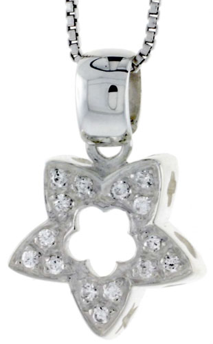 High Polished Sterling Silver 11/16&quot; (17 mm) tall Starfish Cut Out Pendant, w/ Brilliant Cut CZ Stones, w/ 18&quot; Thin Box Chain