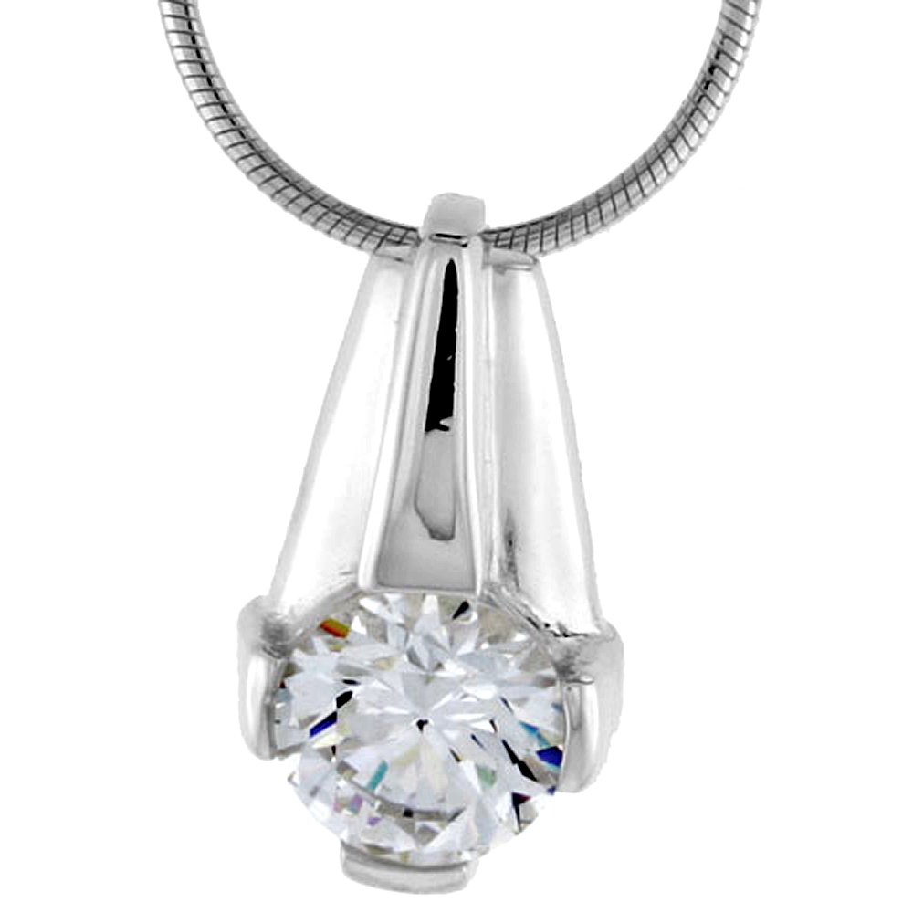 High Polished Sterling Silver 3/4&quot; (19 mm) tall Pendant Enhancer, w/ 8mm Brilliant Cut CZ Stone, w/ 18&quot; Thin Box Chain