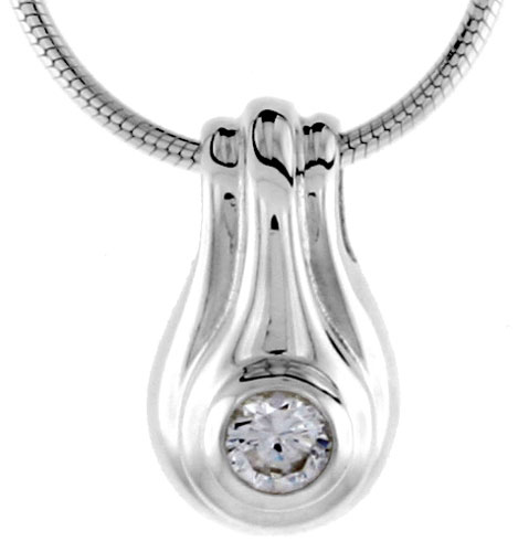 High Polished Sterling Silver 9/16&quot; (14 mm) tall Pendant Enhancer, w/ 3.5mm Brilliant Cut Amethyst-colored CZ Stone, w/ 18&quot; Thin Box Chain