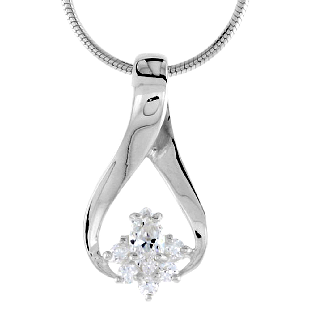 High Polished Sterling Silver 7/8" (22 mm) tall Cluster Pendant Slide, w/ one 6x3mm Marquise Cut & five 1.5mm Brilliant Cut CZ S